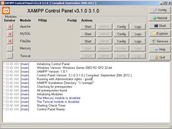 کنترل پنل xampp
