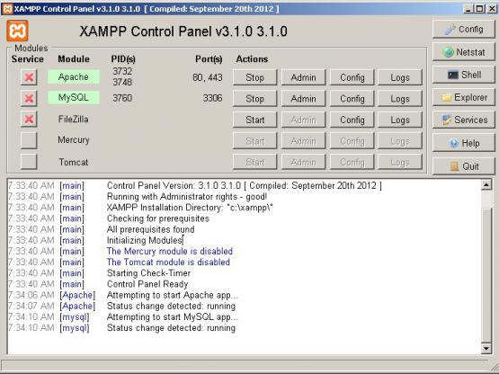 کنترل پنل xampp - استارت و استپ سرویس ها