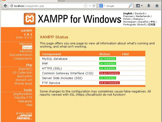 کنترل پنل تحت وب xampp - وضعیت سرویس ها