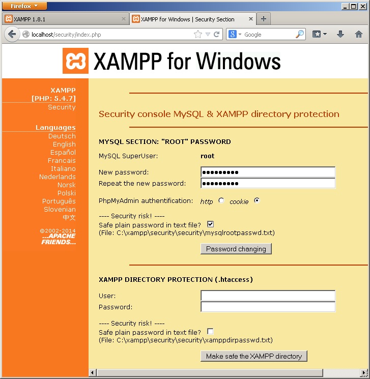 تنظیم پسورد برای mysql و پوشه ی xampp